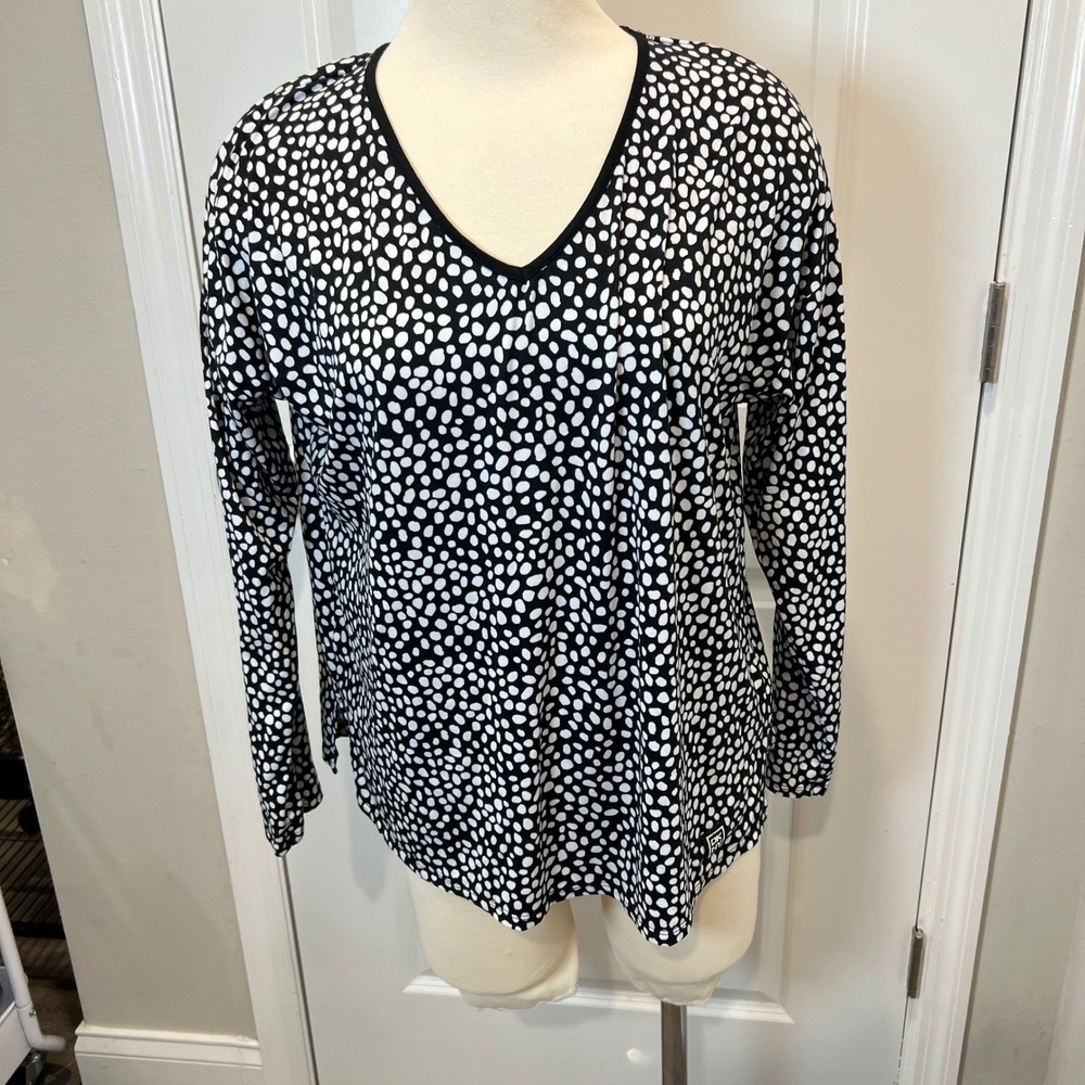 DKNY Womens Long Sleeve Top Polka Dot Pebble Print Black White Size M